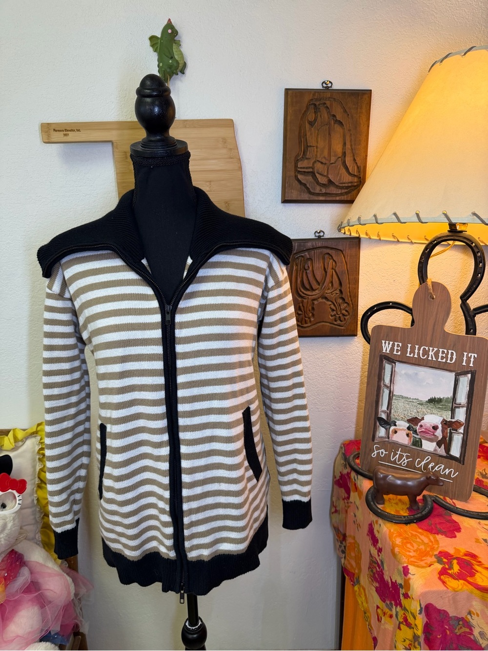CAbi Women’s Small Mascot Cardigan (6448) Black/Tan/Cream Striped Sweater SP2024